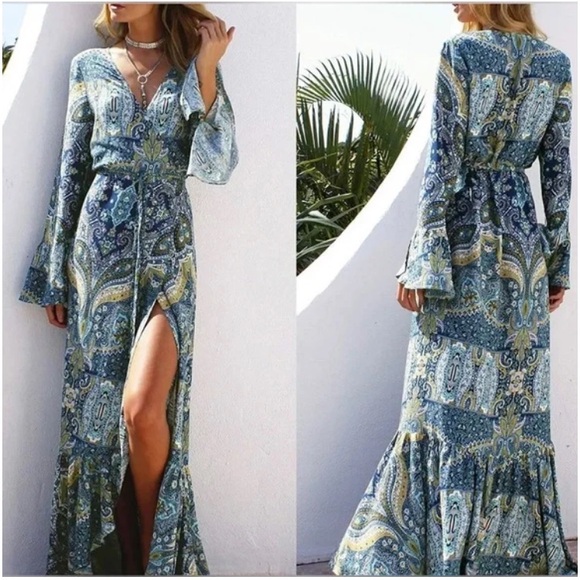 R. Vivimos Dresses & Skirts - R. VIVIMOS Blue & Chartreuse Paisley Ruffled Maxi Wrap Dress SZ LG (12/14)